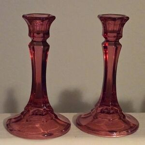 2 Art Deco Cranberry Candlesticks